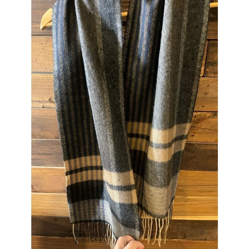 100% Cashmere Club Room‎ Plaid Scarf Black Brown Tan Fringed Soft Warm Luxury